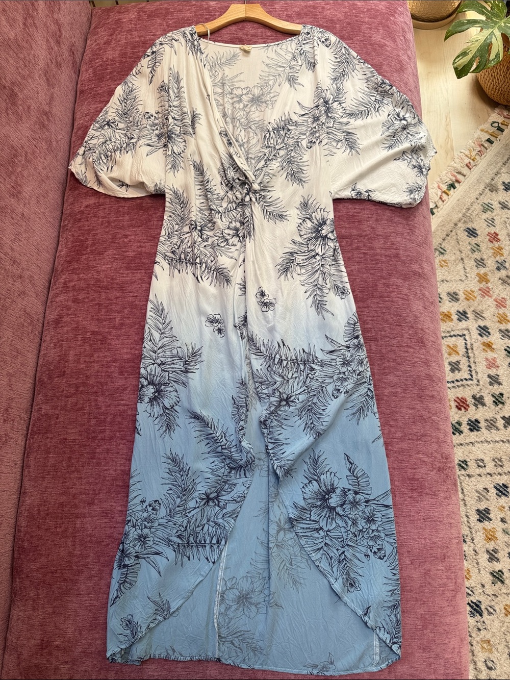 Surf Gypsy Blue Ombre Tropical Wrap Maxi Dress Medium Boho Beach Resort
